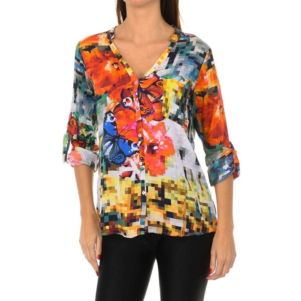 Desigual Butterfly Floral Pixel Print Button Tab Blouse Top Multi Color Medium